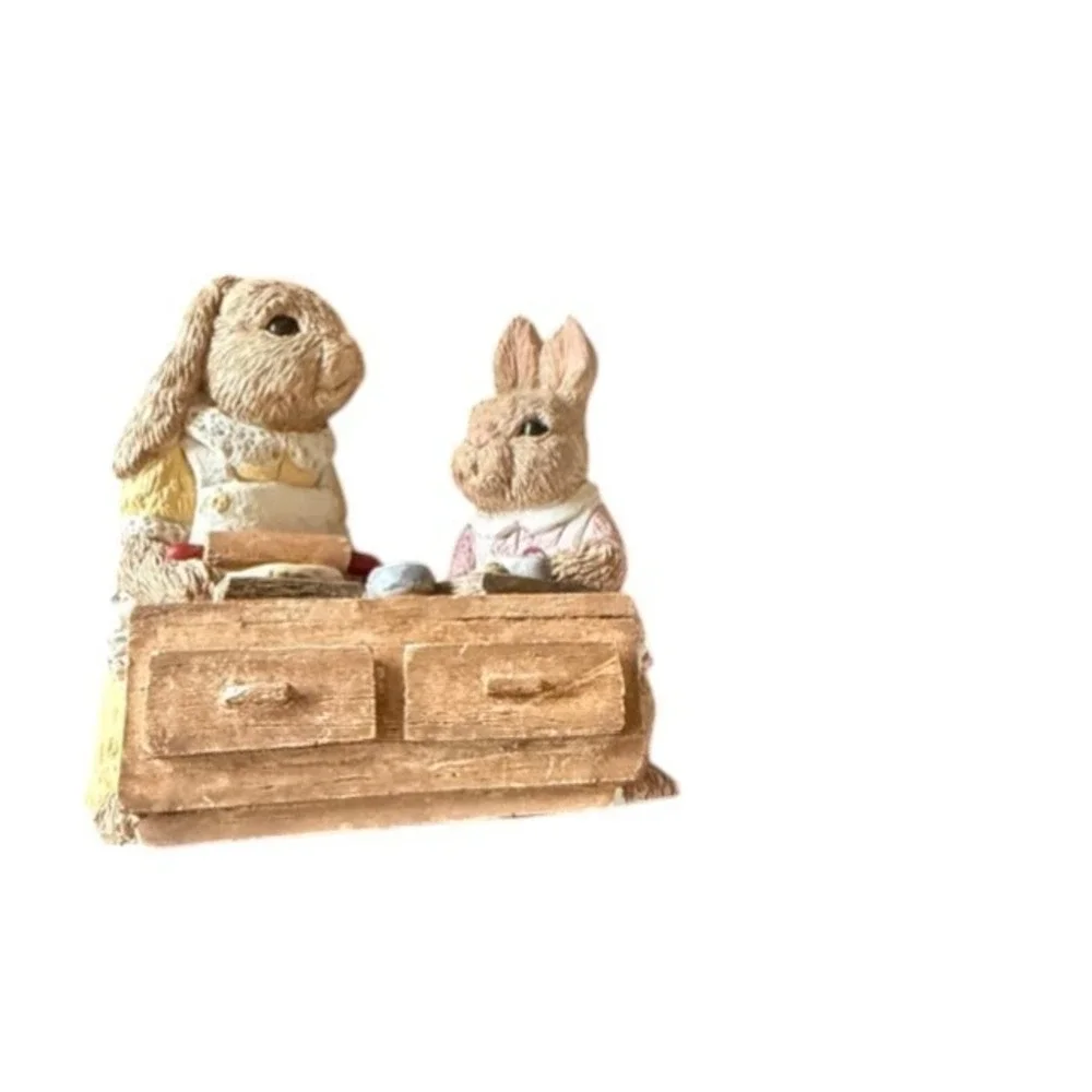 2 Vintage Easter Bunny Family Figurines Set Grandma Cookies United Design USA